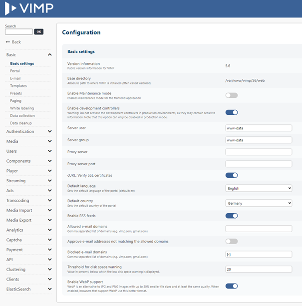 VIMP global configuration panel