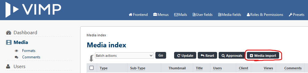 VIMP media import button
