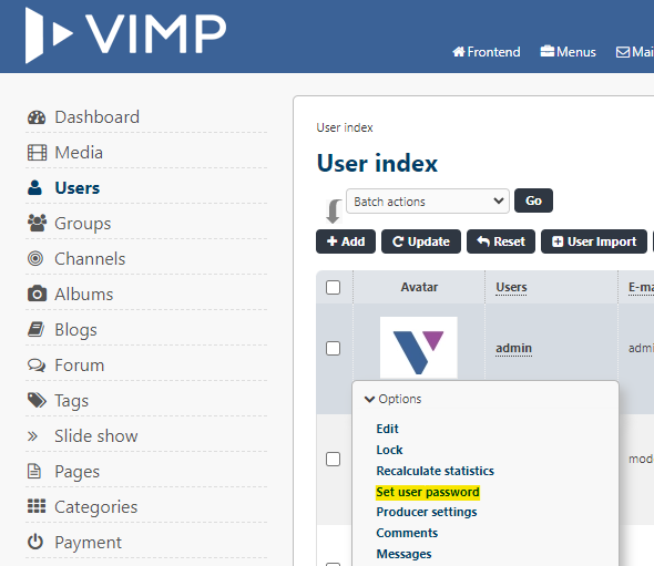 VIMP set admin password