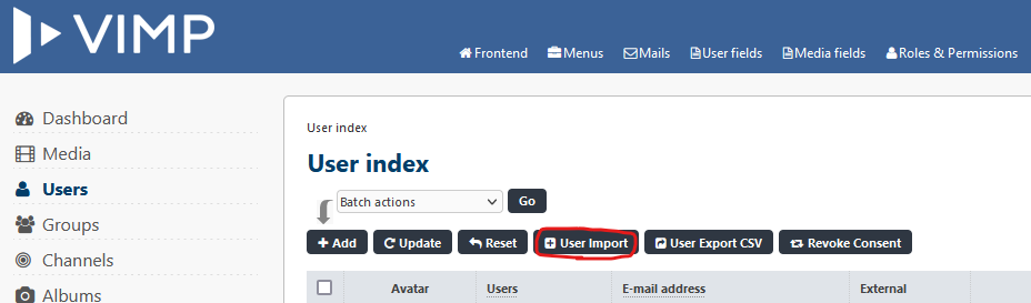 VIMP user import button