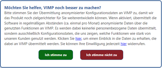 VIMP Zustimmung zur Übermittlung anonymisierter Konfigurationsdaten